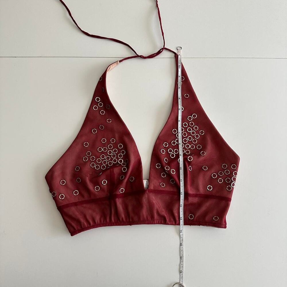 reworked BCBG Maxazria burgundy mesh halter top with silver metal rings - Picture 8 of 9